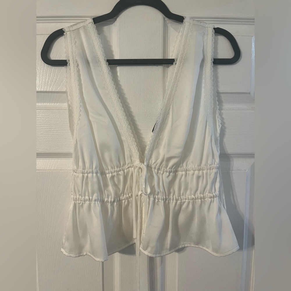 Women's White Lace-Trim V-Neck Peplum Top